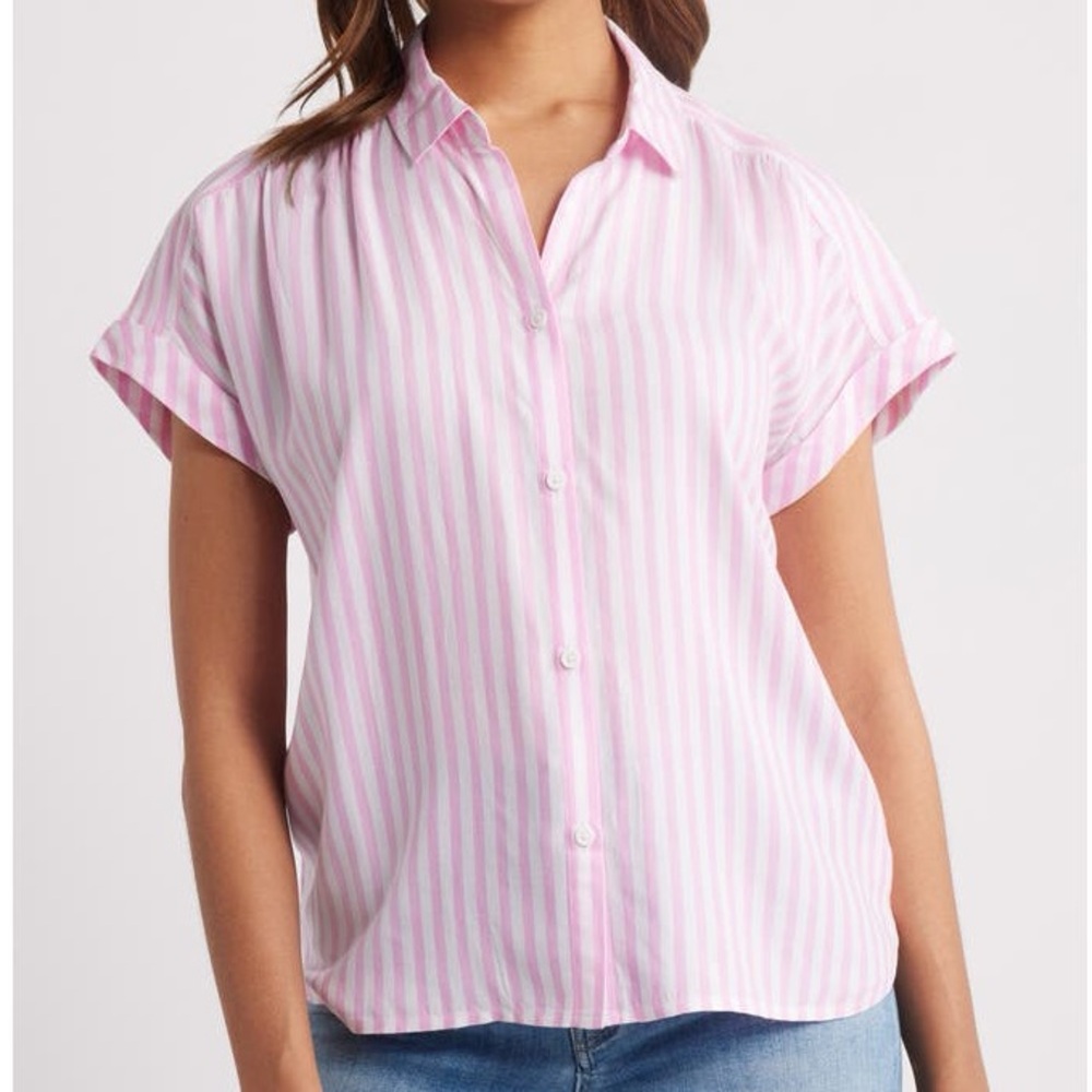 BEACHLUNCHLOUNGE Daria Stripe Short Sleeve Button Up, Pink/White, Size Medium